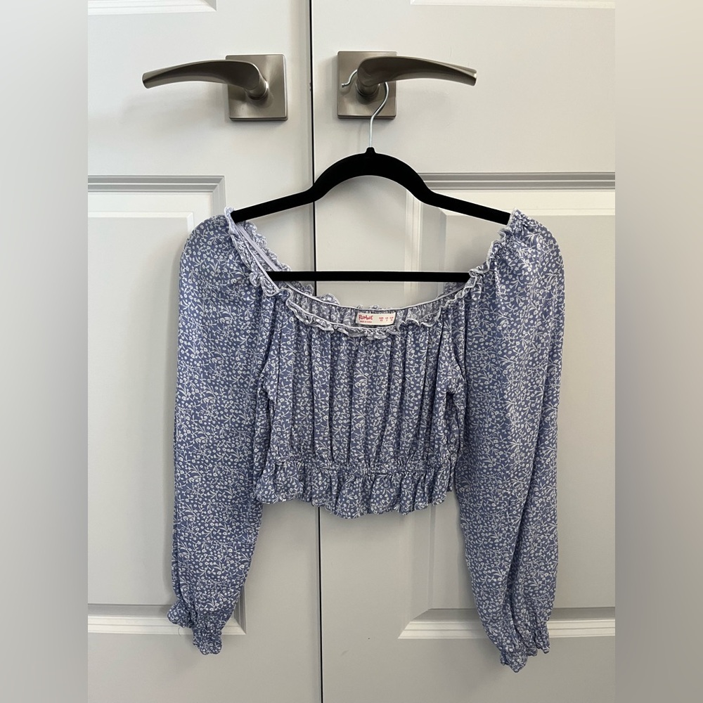 ROMWE Blue & White Floral Off-Shoulder Blouse/Long Sleeve Shirt